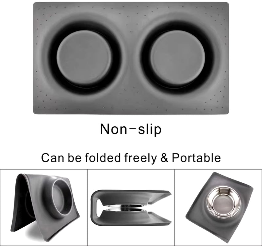 Stainless Steel Double Dog Bowl with Silicone Mat Nontoxic Nonslip No Spill Pet Water Food Bowl Cat Puppy Feed Drinking