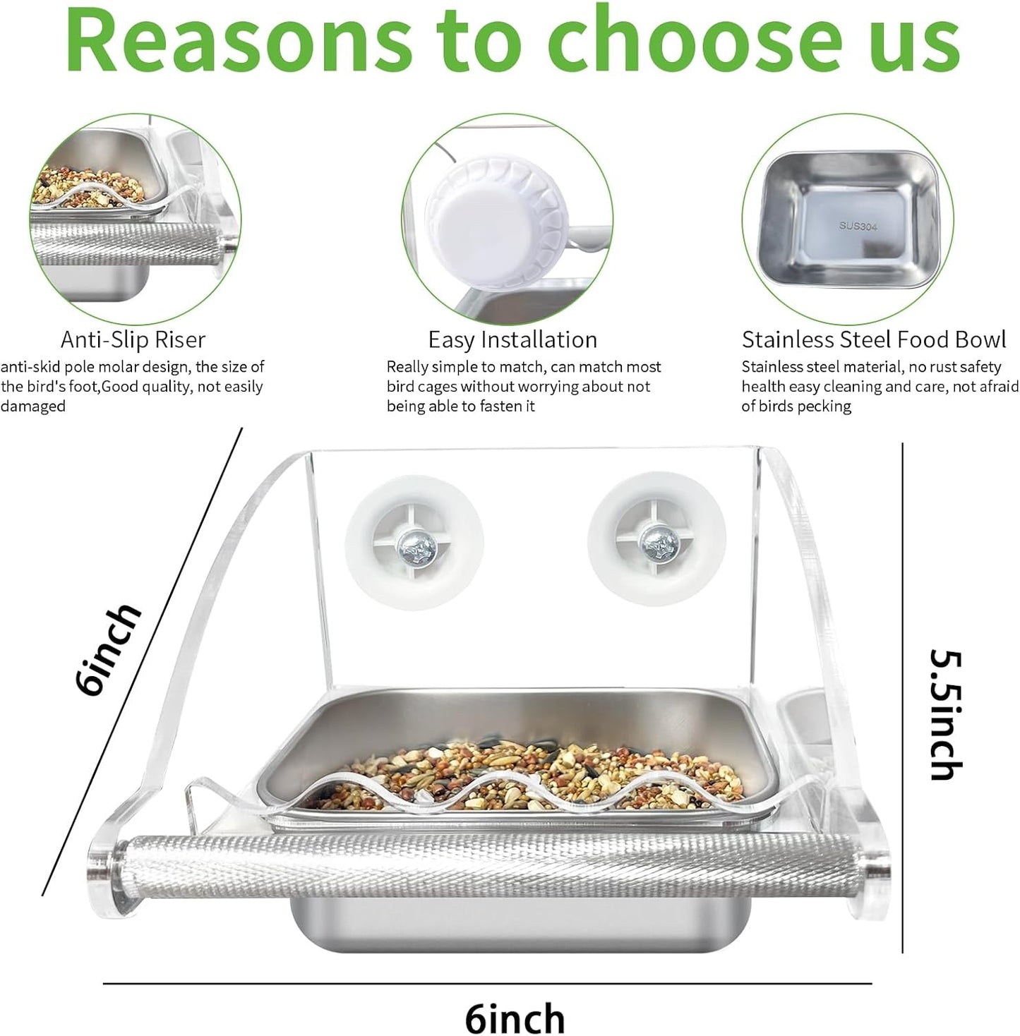 Bird Feeder for Cage,Transparent Bird Feeders, Bird Feeder with Anti-Slip Stand, Stainless Steel Bird Bowls Parakeet Feeder,For Parakeet, Psittacus Erithacus, Lovebirds,Budgies